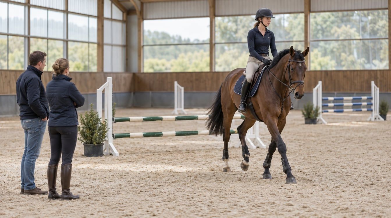 A seller and trainer guide a prospective buyer on a bay showjumper next to a small fence in an indoor arena.