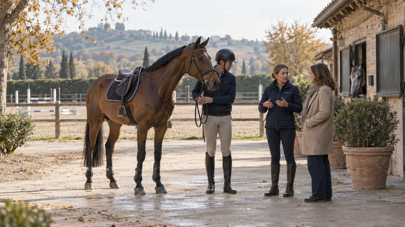 Cavaliere, istruttrice e potenziale acquirente accanto a un cavallo baio da salto tenuto a mano in un centro equestre