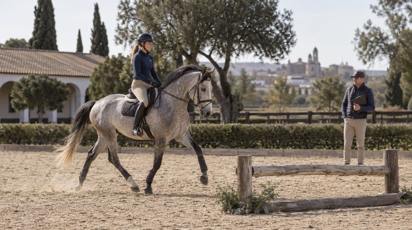 Una amazona trabaja un caballo joven junto a un obstáculo de campo mientras un entrenador observa