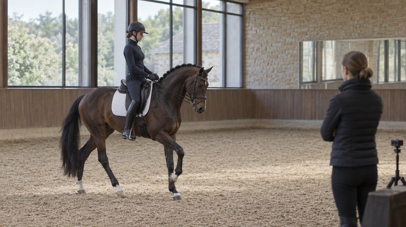 Dressage rider executing a collected movement on a dark bay horse during a training session