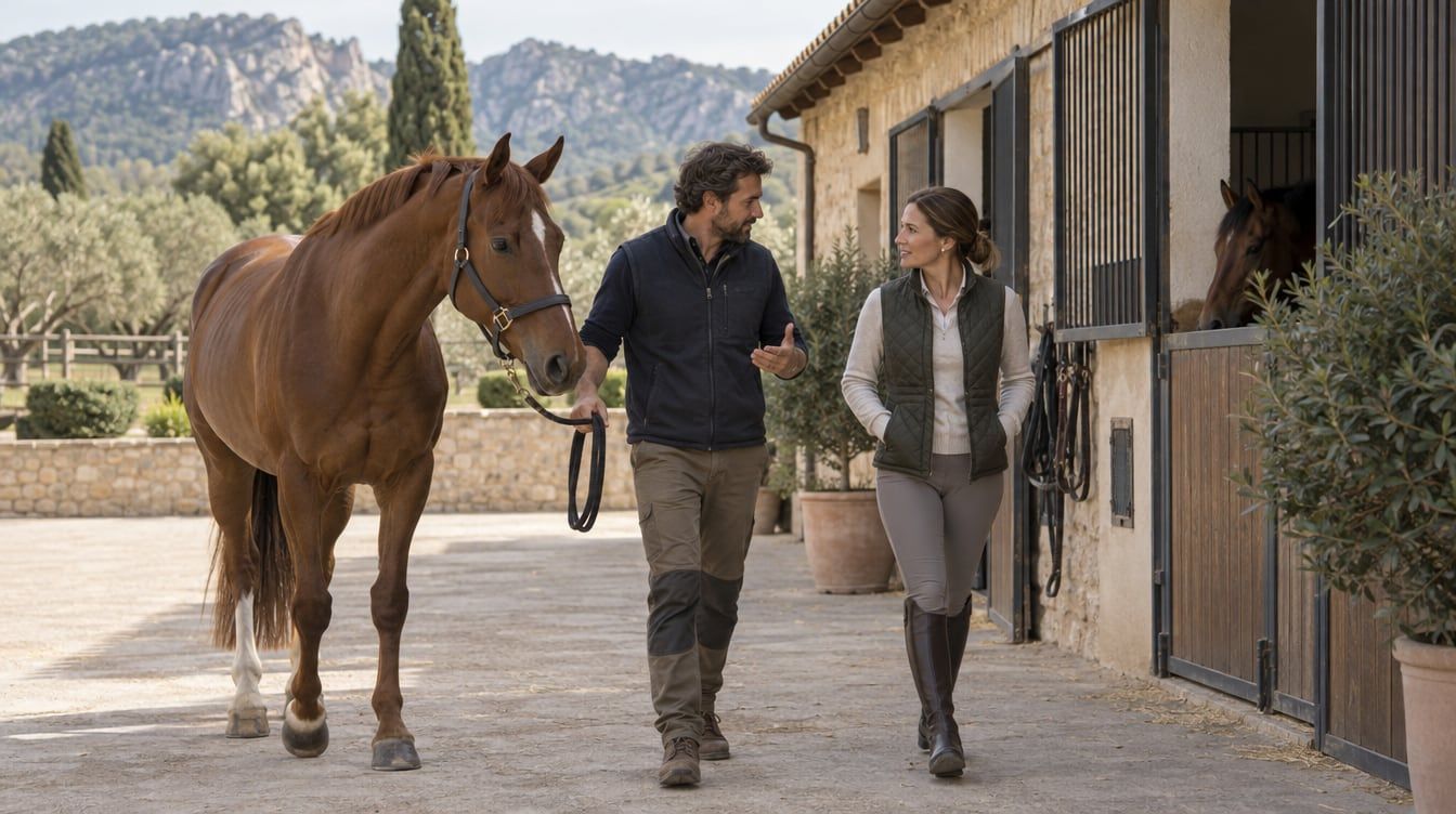 Una propietaria y el responsable de una cuadra recorren con un caballo el patio de un centro ecuestre.