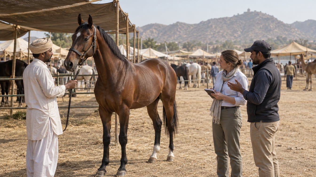 A buyer and horse owner discuss a bay horse beside a shaded enclosure in Pushkar, Rajasthan