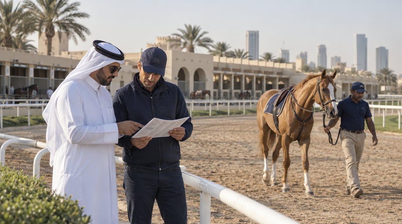 مالك ومدرب يتابعان جواد سباق يقوده سائسه قرب المضمار الرملي في الريان بقطر قبل التدريب