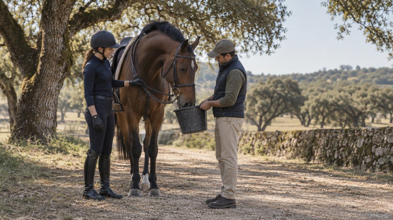 Cavaleira com um cavalo castanho e um membro da equipa de apoio numa pausa de treino.