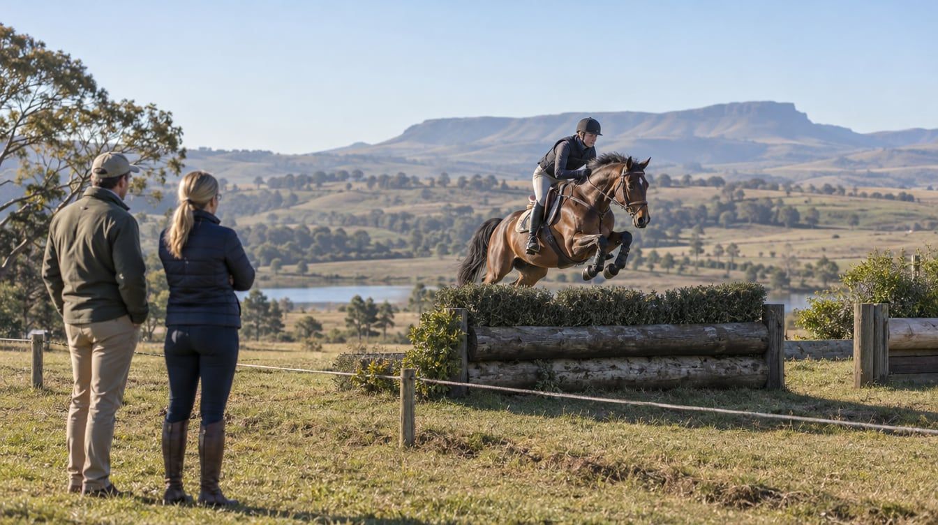 A buyer and trainer watching an event horse over a cross-country fence in KwaZulu-Natal