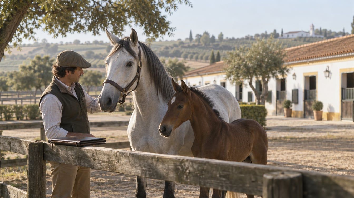 Criador observa um poldro Lusitano junto da égua numa coudelaria portuguesa