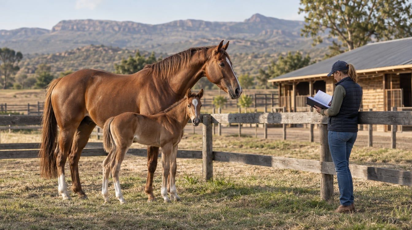 Quarter Horse mare and foal with breeder reviewing registration notes beside a paddock fence