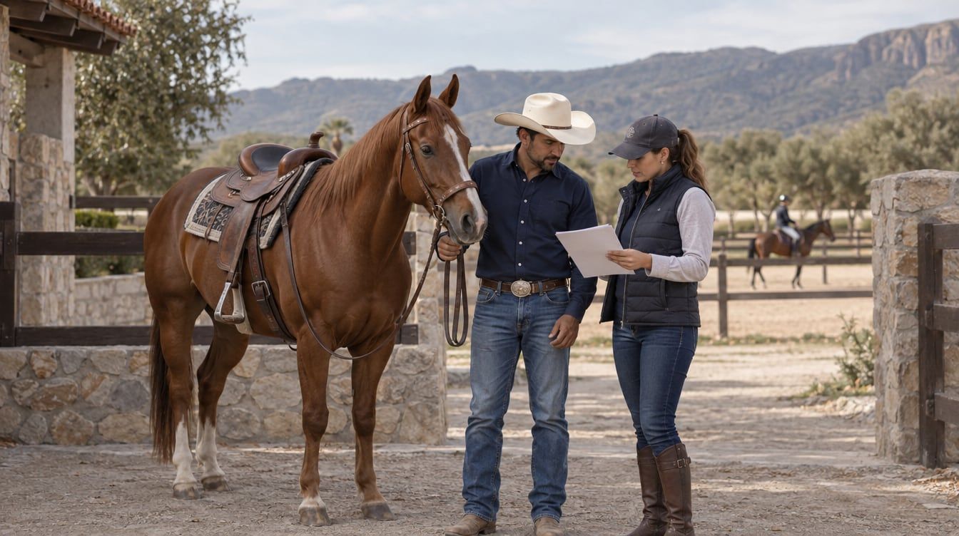 Jinete con caballo alazán y entrenadora revisan un programa junto a una pista ecuestre.