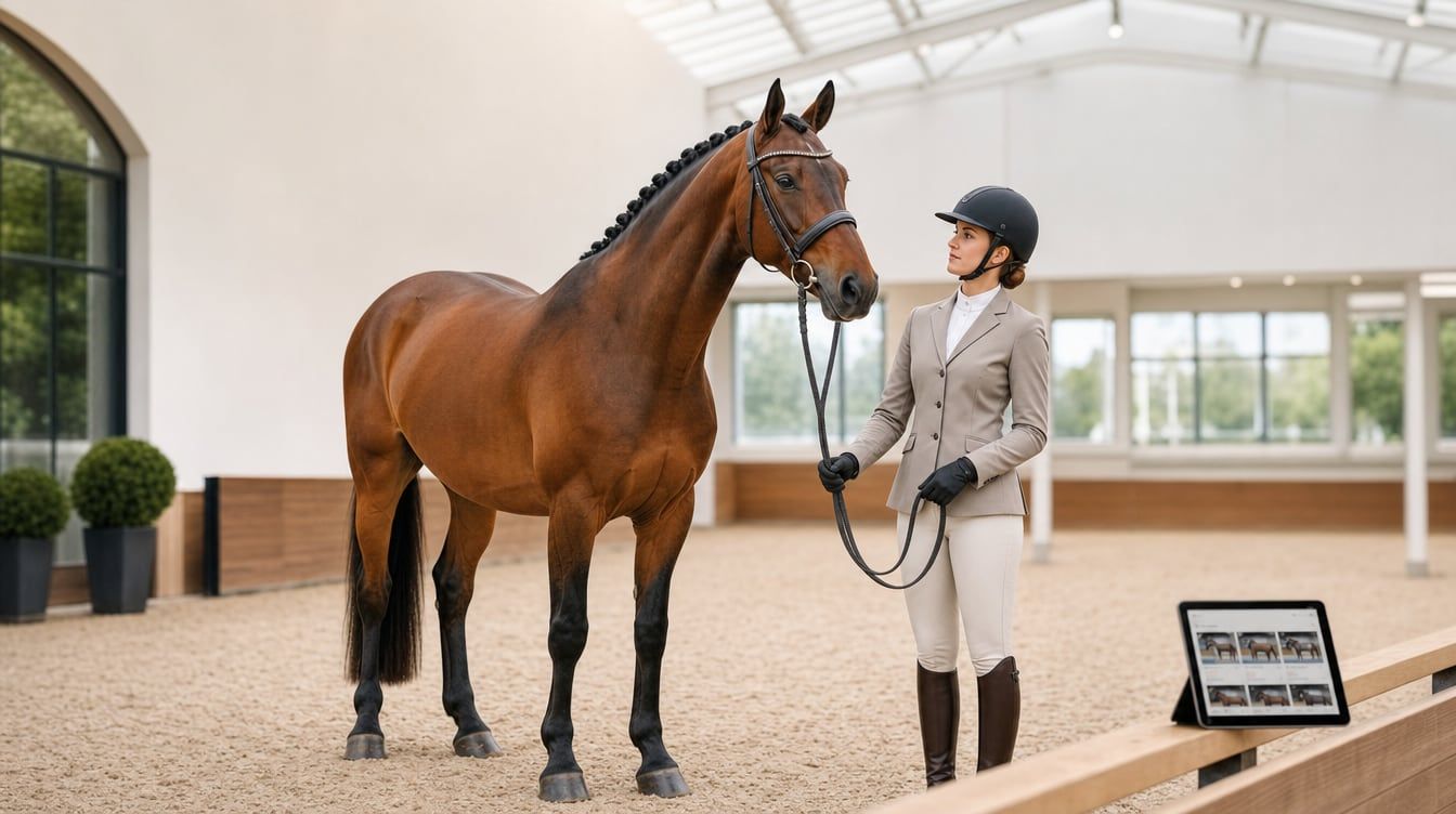 A professionally presented sport horse in a bright indoor arena, prepared for an international online auction.