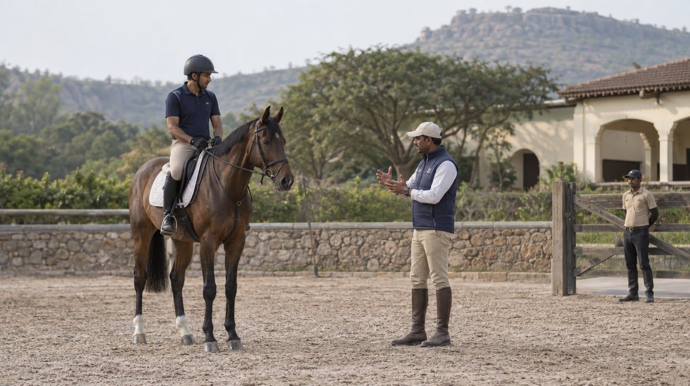 A riding instructor discusses an exercise with an adult rider on a bay horse in an arena
