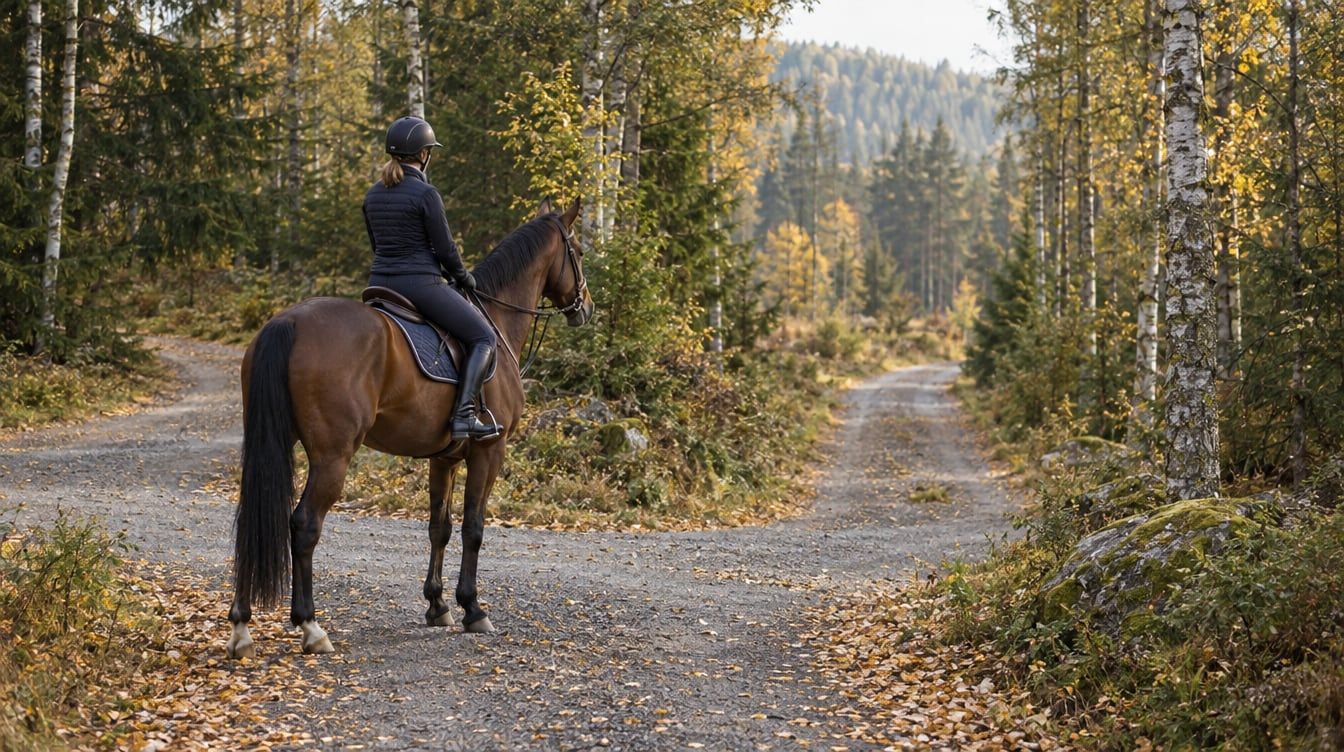 Rytter på en brun sportshest stanser ved et stikryss i høstskogen.