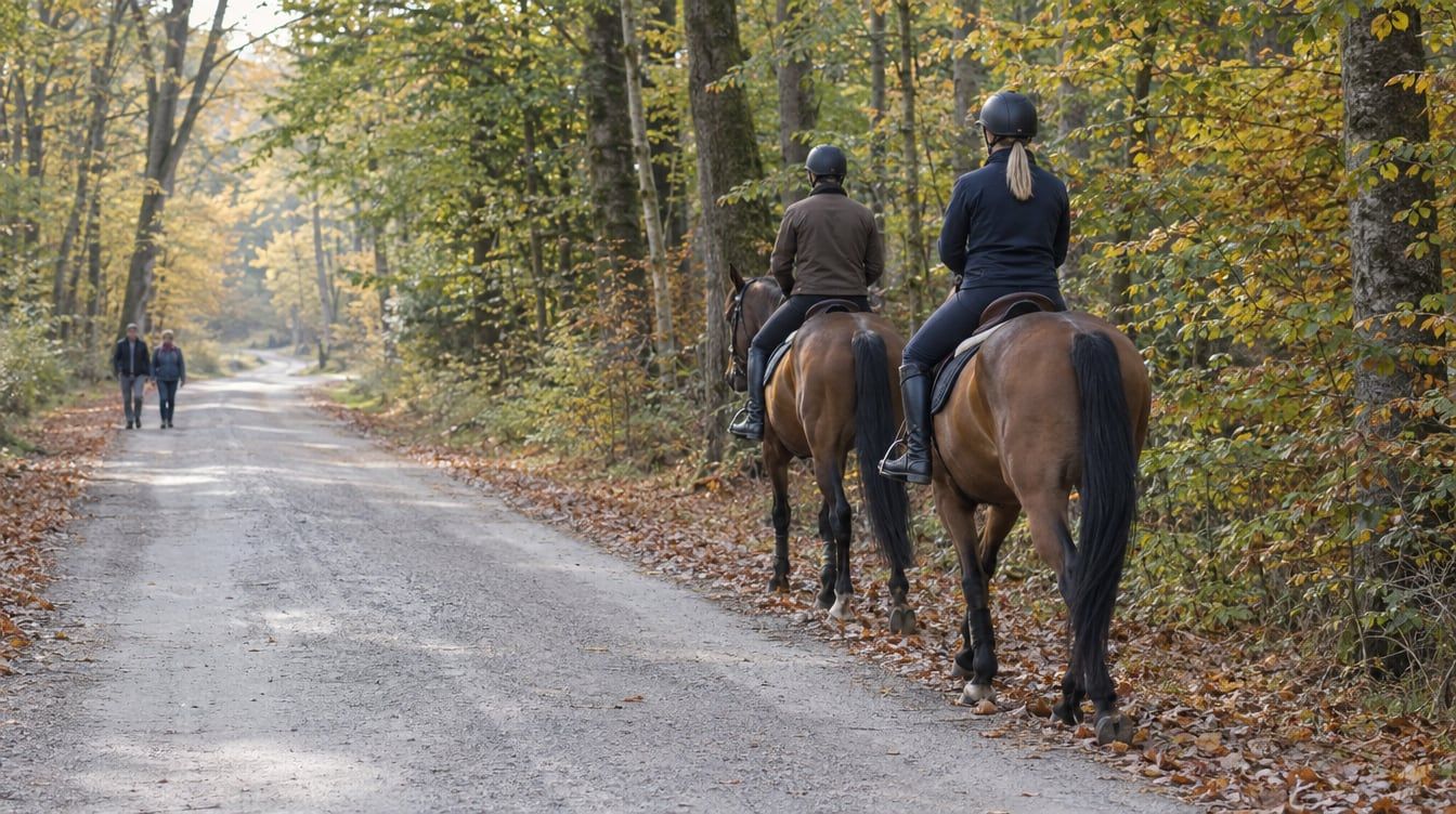 To ryttere på brune heste i skridt på en bred skovvej mellem efterårstræer