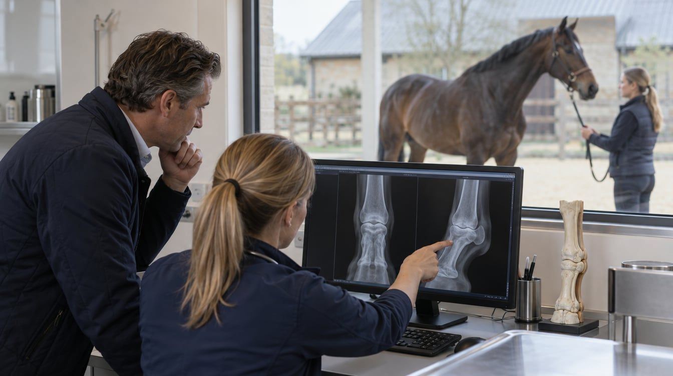 Tierarzt und Käufer betrachten Röntgenbilder eines Sportpferdes in einer modernen Pferdeklinik
