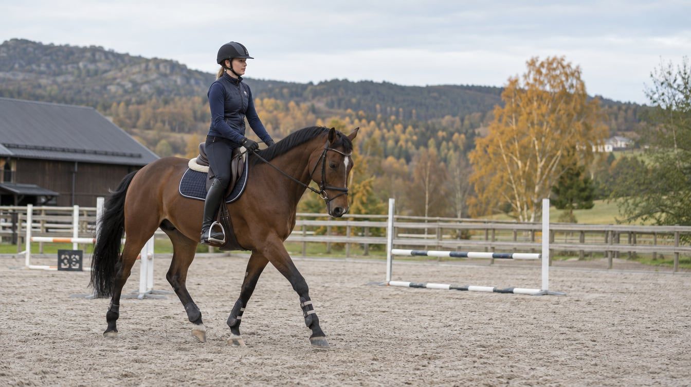Rytter på brun hest på ridebane med spranghinder i bakgrunnen