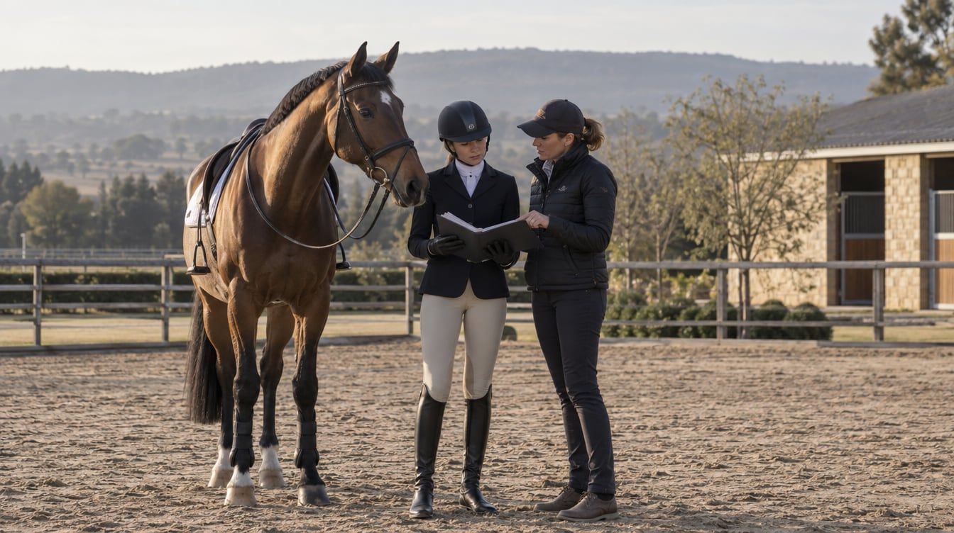 A young rider and coach discussing a competition plan beside a horse at a South African arena