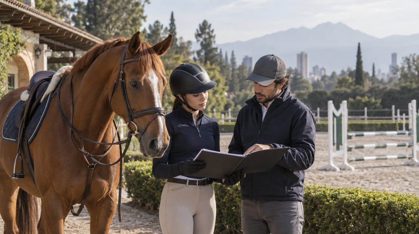 Jinete revisando el expediente de un caballo de salto en una pista ecuestre mexicana