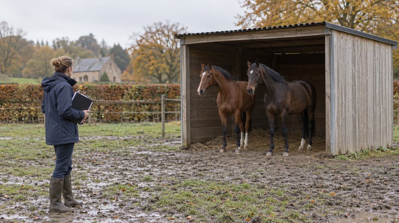 Een vrouw met een map bekijkt twee paarden in een houten schuilhok aan een modderige weide.
