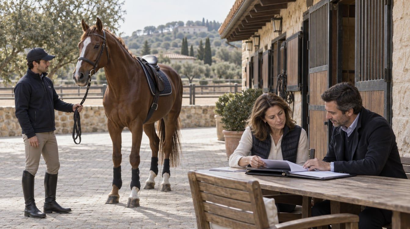 Propietaria y asesor revisan una carpeta junto a un caballo castaño en el patio de una hípica