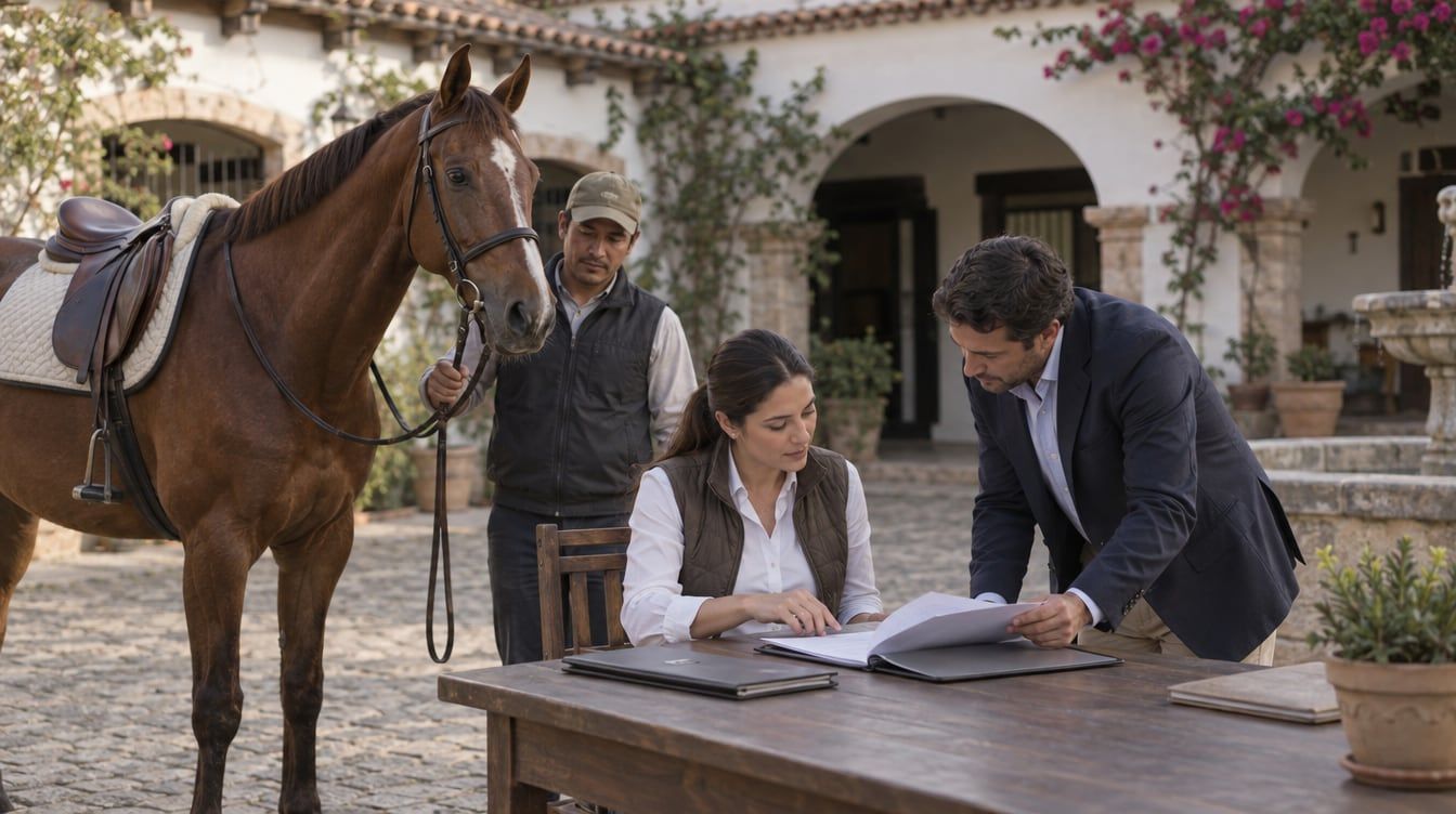 Una propietaria y un asesor revisan documentos junto a un caballo castaño ensillado en el patio de una cuadra.