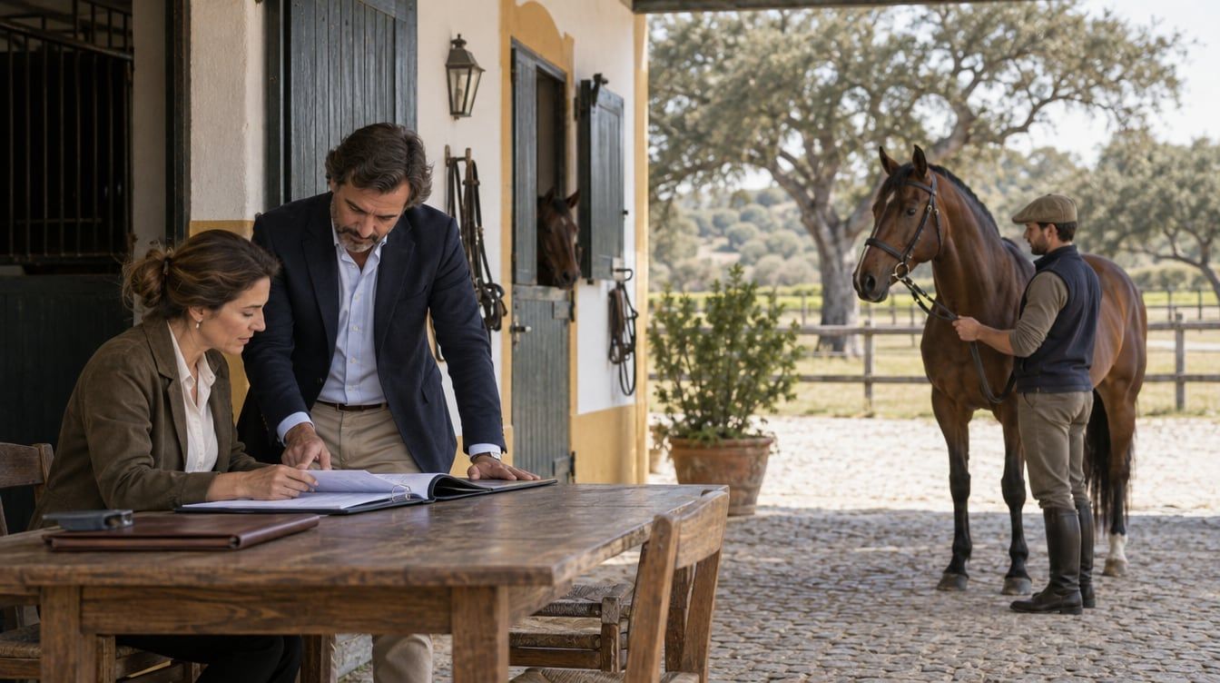 Duas pessoas consultam documentos numa mesa junto à cavalariça, com um cavalo castanho nas proximidades.