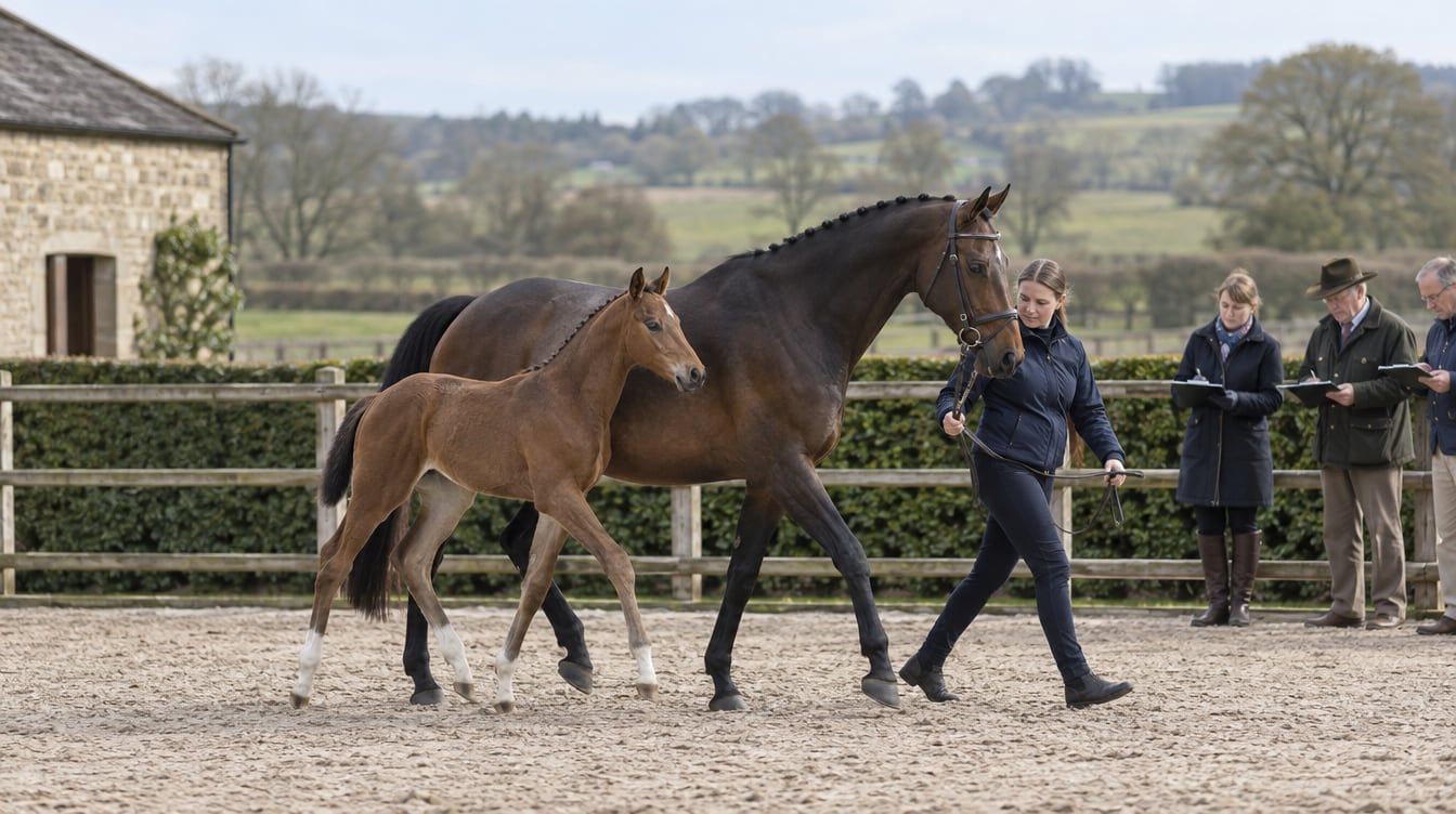 A British sport horse mare and loose foal being presented at a studbook grading