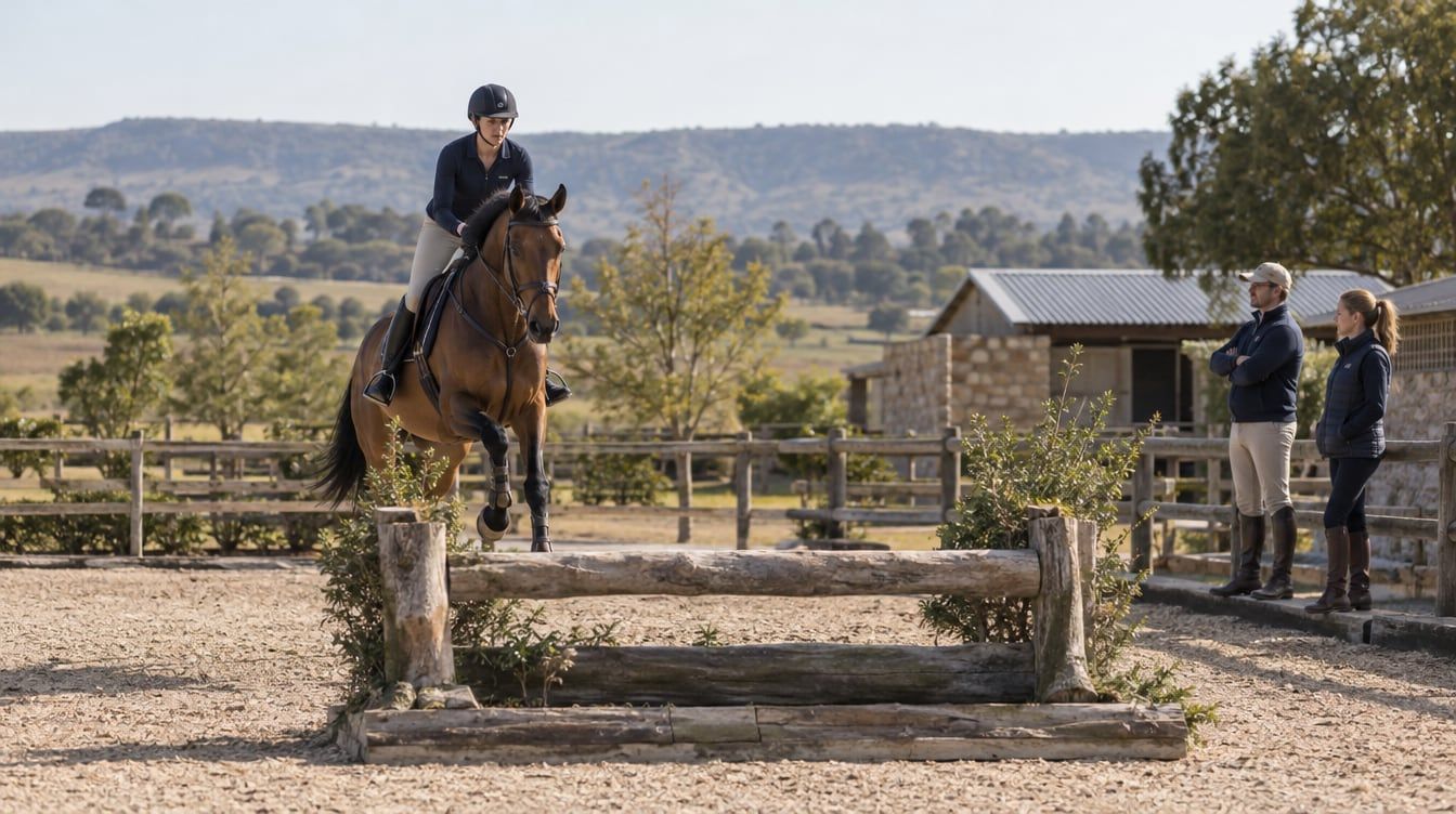 A rider on a bay horse approaches a natural-looking timber fence as two people watch beside the arena