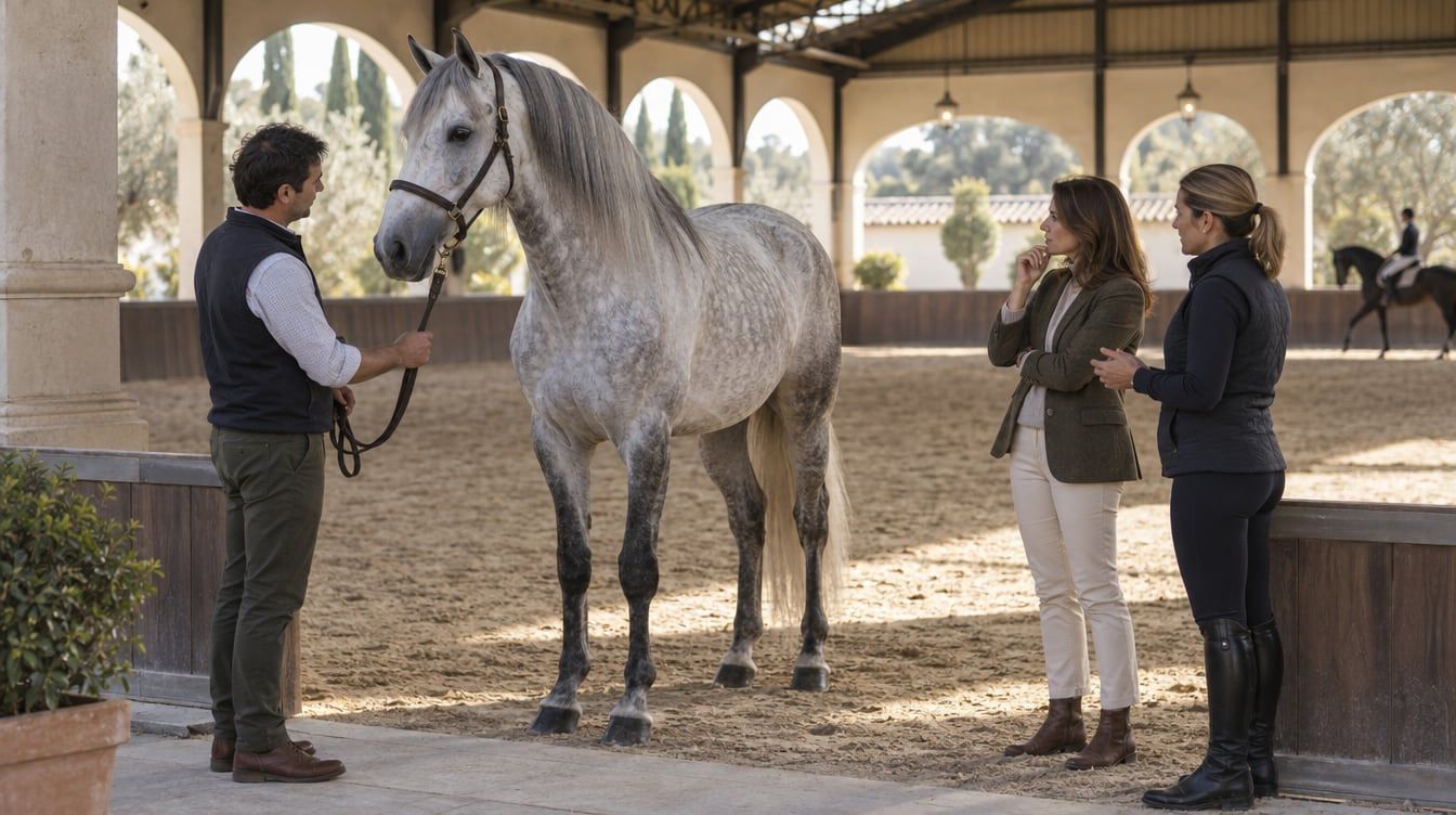 Un hombre sostiene del ramal un caballo tordo mientras dos mujeres lo observan junto a una pista cubierta