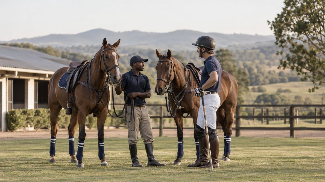 Polo rider and groom preparing a pony beside a South African polo field