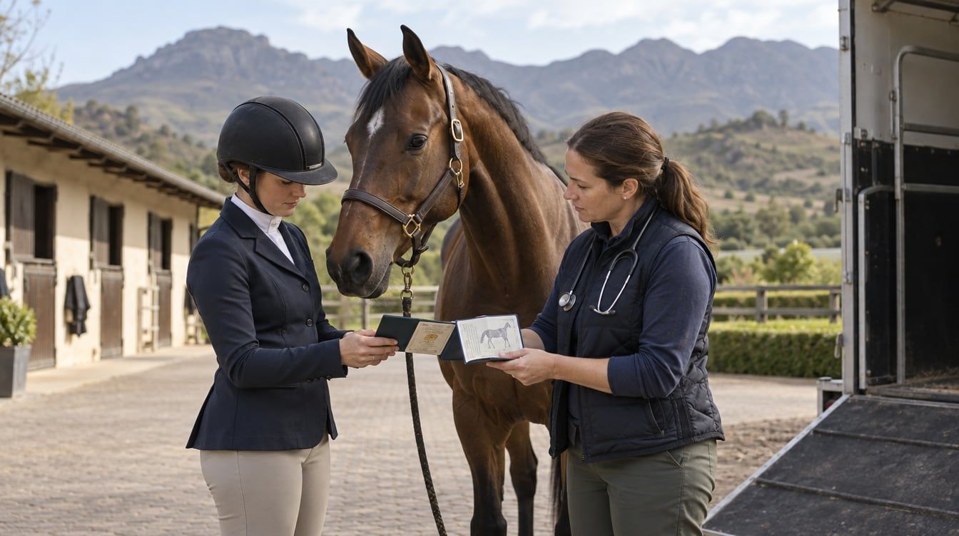 Rider and veterinarian checking a horse passport beside a stable yard in South Africa