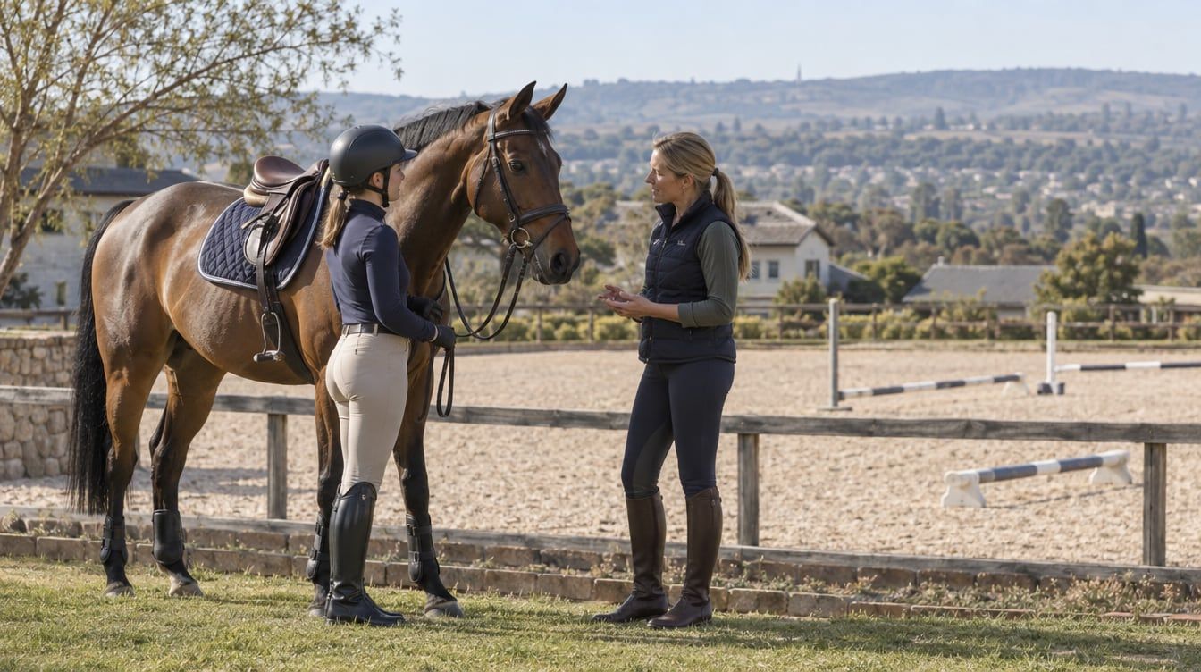 Illustration of a rider and coach beside a saddled bay horse at the edge of a schooling arena