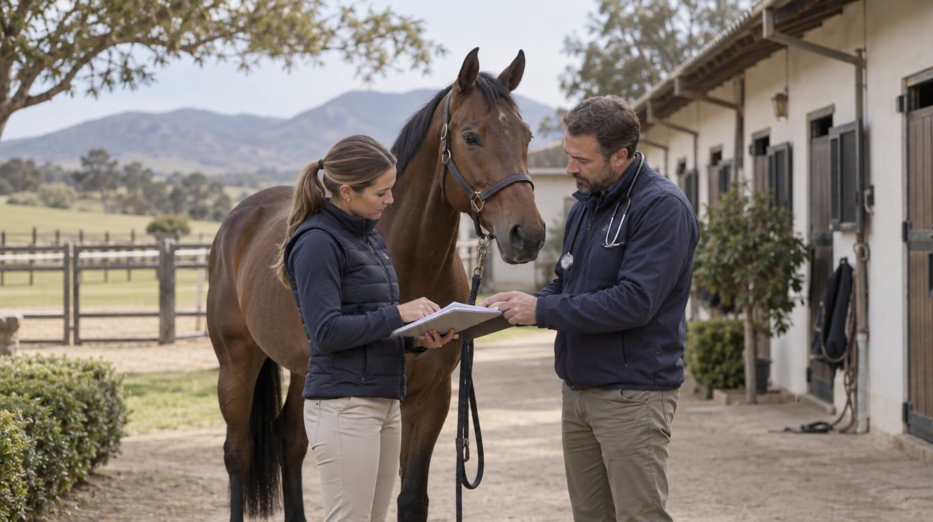 Buyer and veterinarian reviewing a horse’s management notes beside a gelding at a South African yard