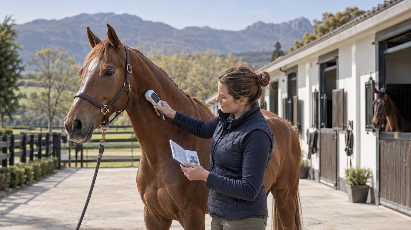 South African Saddlebred breeder reviewing a young horse’s identity records in a stable yard