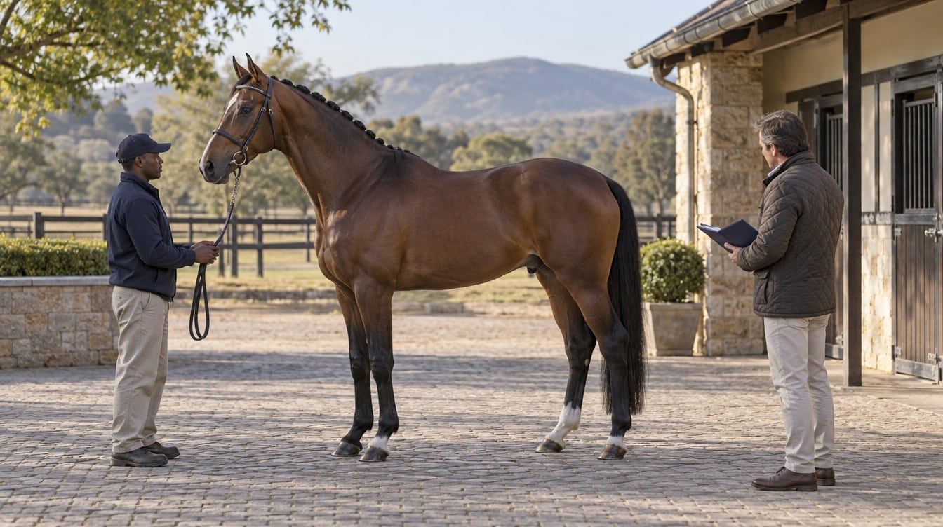 A breeder and handler assess a bay Warmblood stallion standing in a farm yard