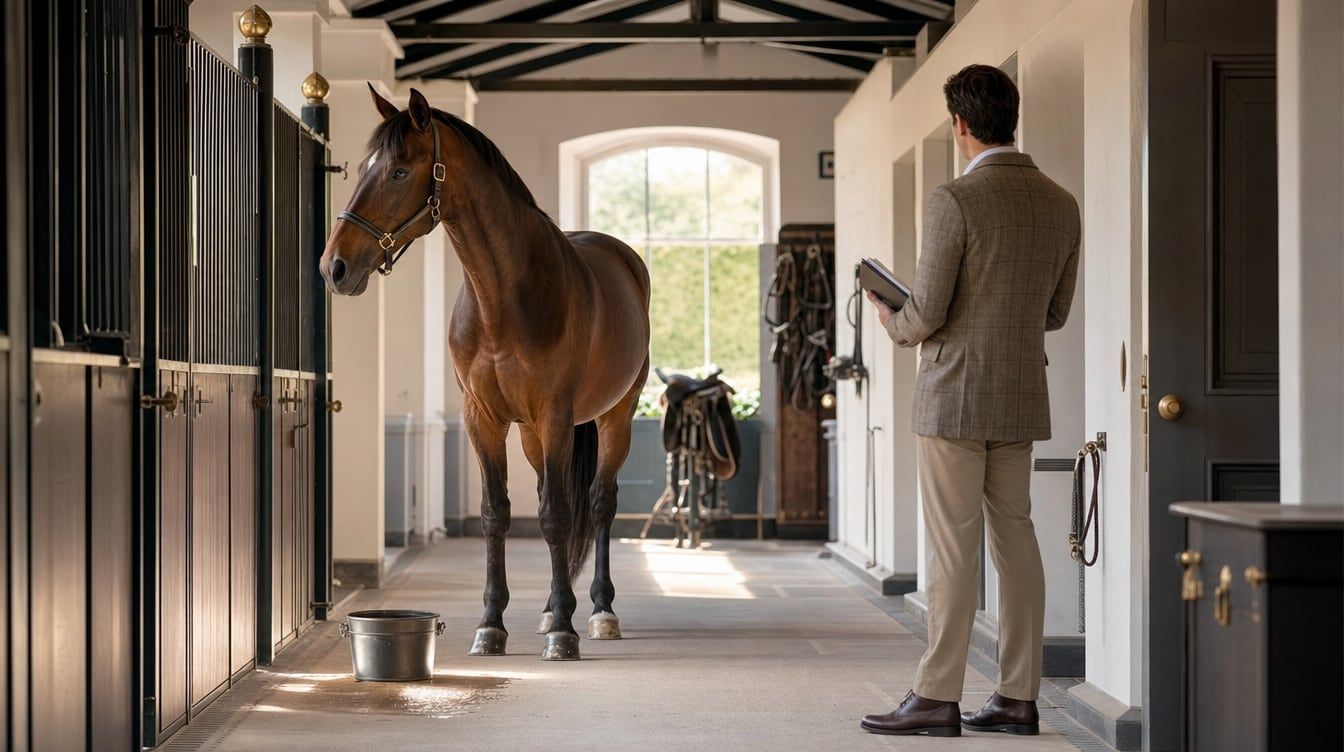 International buyer quietly observing a sport horse in a bright, clean stable