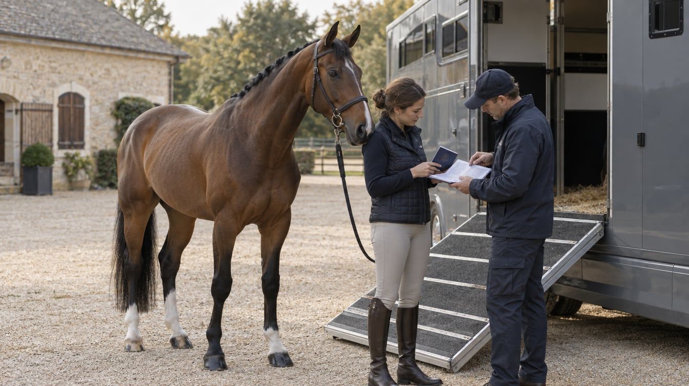 International sport horse with handler and transporter inspecting passport prior to journey