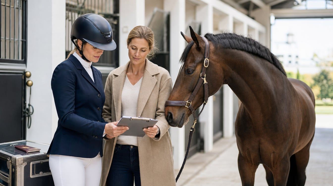 Rider reviewing an international horse lease agreement beside a groomed competition horse in a stable