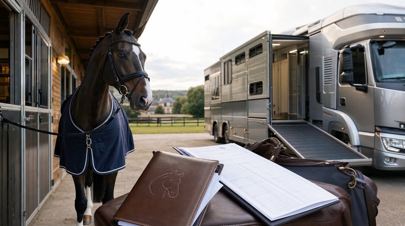 International sport horse in a quiet stable aisle next to a premium horse lorry with passport and transport documents in the foreground