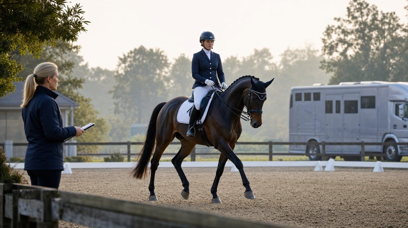 Un cavalier teste un cheval de sport bai brun lors d'une séance d'essai au calme dans une écurie internationale.