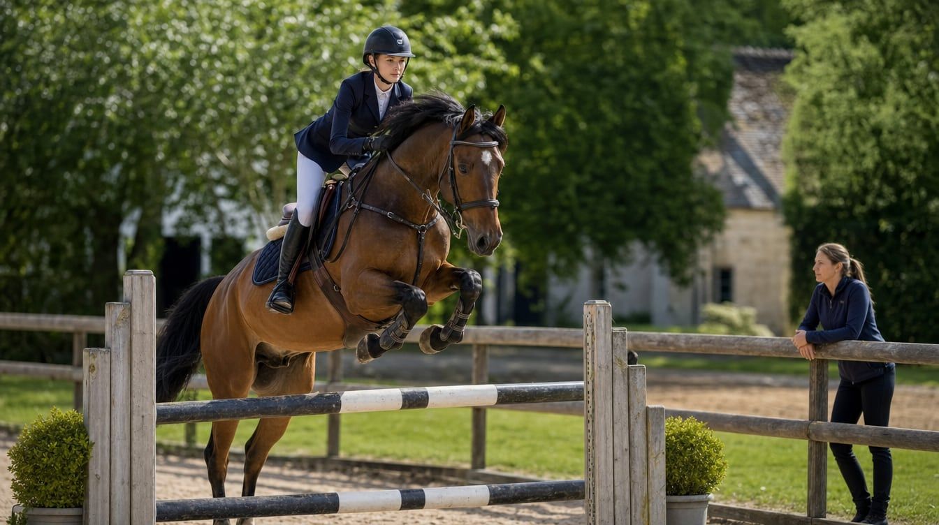 Jinete joven montando con concentración un caballo de deporte experimentado en una pista de salto tranquila