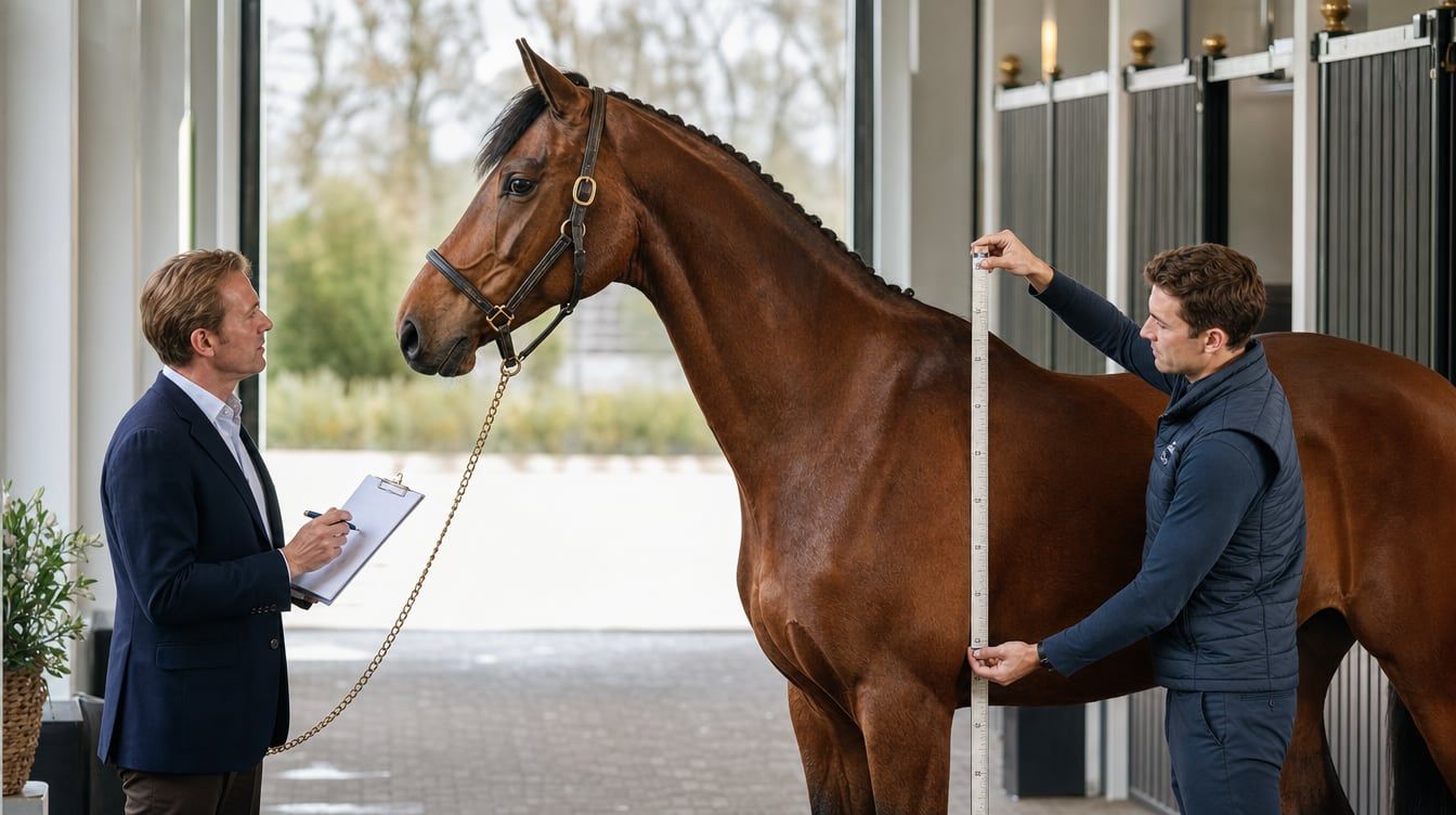 International buyer assesses the height and type of a sport horse in a bright stable aisle