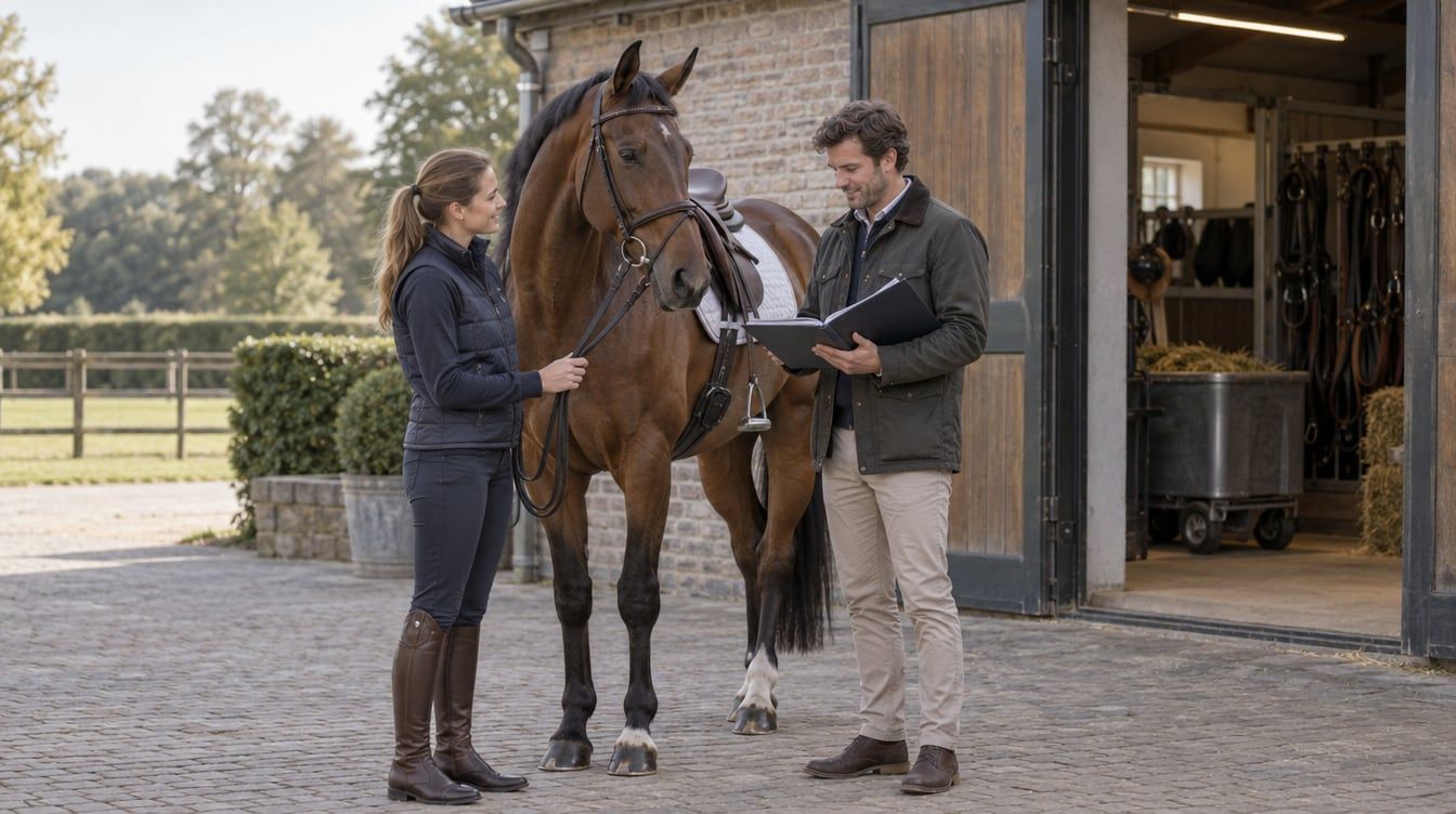 Seller and new owner discussing the daily routine of a saddled bay sport horse in the yard.
