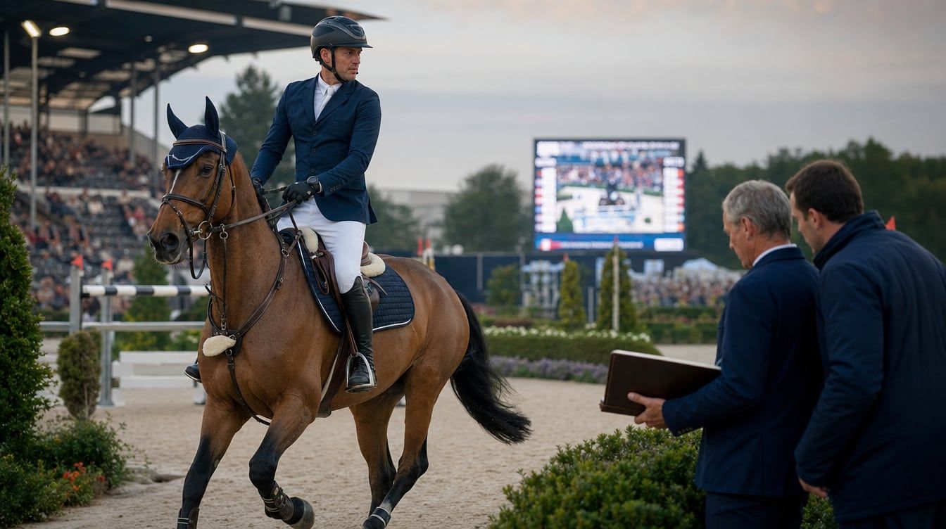 Rider competing on a dark bay sport horse in an international arena after a clear round