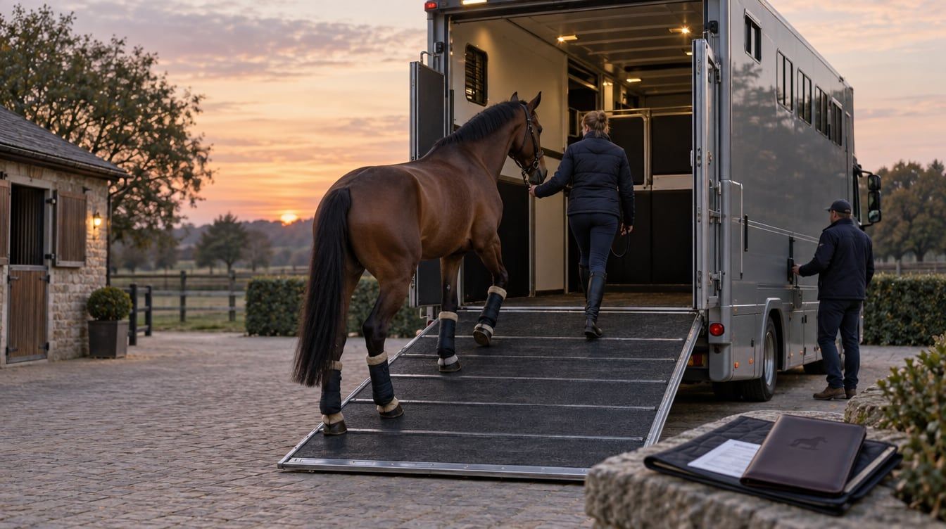 Un cheval de sport est embarqué dans un camion de transport agréé pour un trajet international.