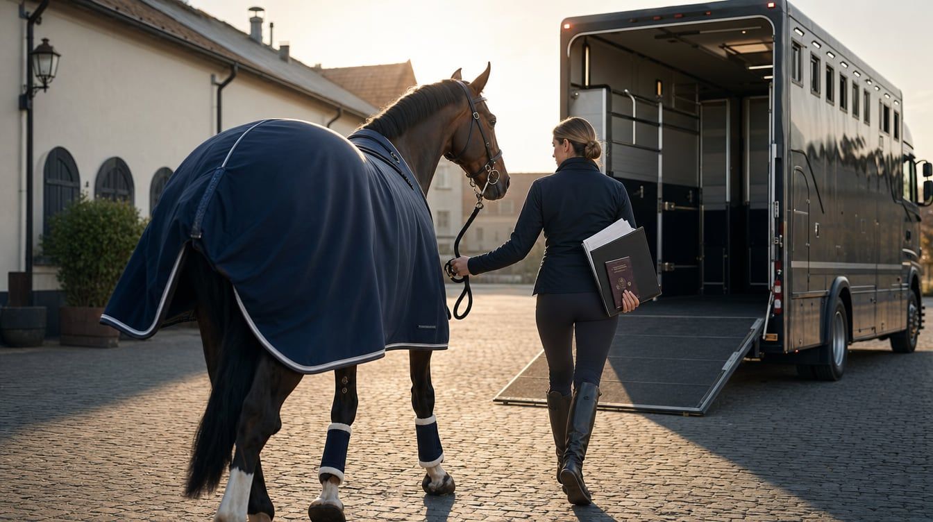 International sport horse wearing a travel rug beside a horse lorry prior to departure