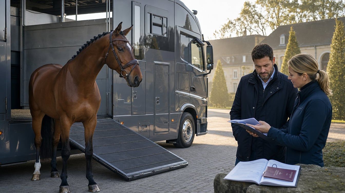 International sport horse next to a transport lorry while buyer and advisor check documents