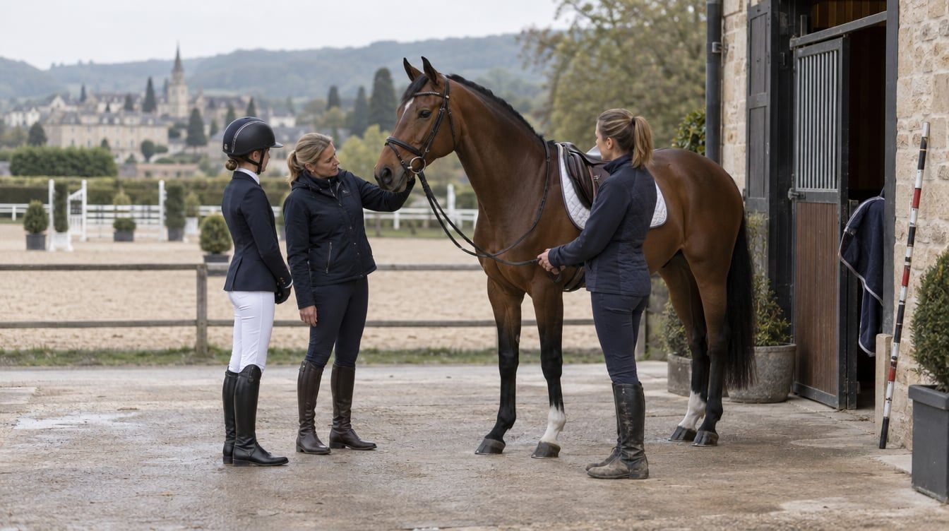 Young rider and trainer assessing a bay sports pony at an international showjumping facility