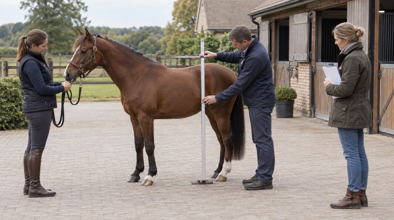Een dierenarts meet een bruine pony met een meetstok terwijl twee volwassenen op een verhard erf meekijken.