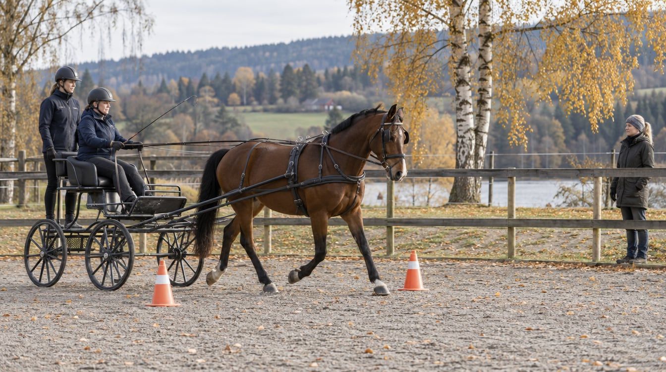 Kusk og groom med en brun hest foran en firehjuls vogn på en inngjerdet treningsbane