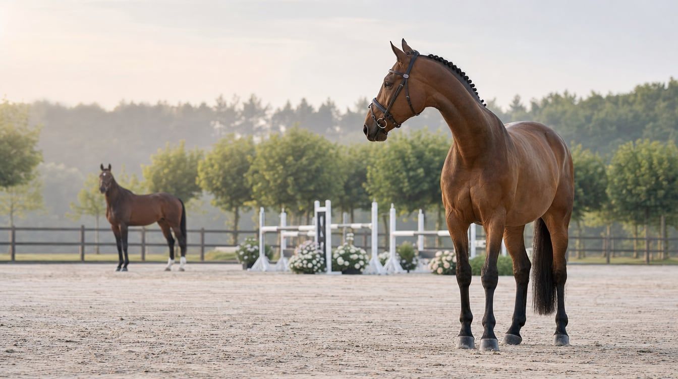 Broodmare and showjumping stallion in an outdoor arena representing international breeding choices