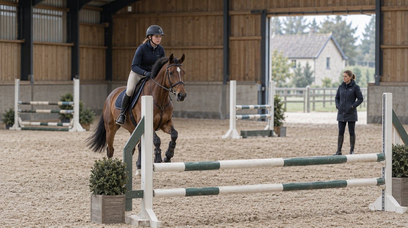 Rider on a bay showjumper approaching a fence in an indoor arena while a trainer observes.